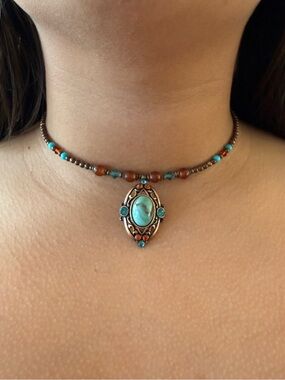 Vintage 90s Western Bohemian Choker Antique Bronze Turquoise & Amber Bead